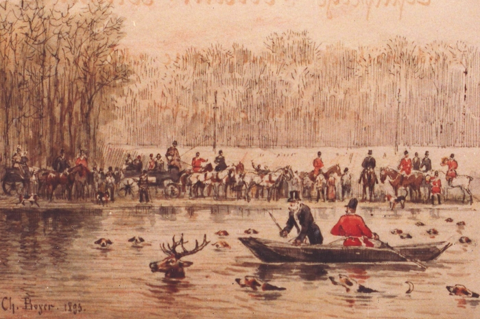 Hallali en 1883 par Charles Boyer - M. Servant va daguer le cerf ; la barque est conduite par M. Menier - Don de M. A.-P. Baudesson à la Société de Vè